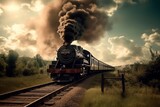 An old-fashioned steam locomotive puffs along the tracks. Generative AI.
