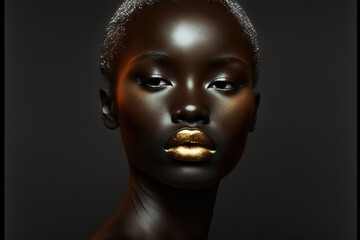 Wall Mural - Amazing beautiful dark afro american black woman face portrait with gold or golden lips. Ai generated