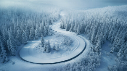 Aerial view of curvy winter road. Created with Generative AI technology.