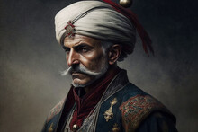 Ottoman Man With Turban On His Head. Turkish General Or Old Pascha Army Man With Fierce Look. Sultan Concept. Ai Generated