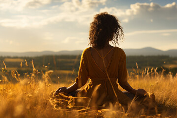 Wall Mural - tranquil shot of a person seated in an open field, embracing the elements of earth and air to enhance their spiritual grounding Generative AI