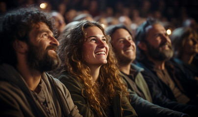 Group of diversety people in theater or Cinema watching a show or movie and laughing. Audience seminar,conference,theater show. People having fun copy space