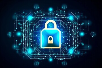 Futuristic background with a padlock as a symbol of internet security and personal data protection. AI generated