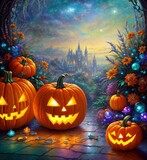 Fototapeta  - Halloween, orange spooky pumpkins 3