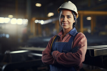 Confident Hispanic woman in construction setting, arms crossed, candid shot