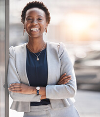 Canvas Print - Smile, happy and portrait of black woman accountant confident and ready for finance company growth or development. African, corporate and young employee or entrepreneur in Nigeria startup business