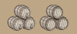 Hand drawn wooden barrels. Barrel stack sketch sepia label. Winery elements. Engraving rum or cognac emblem. Vector