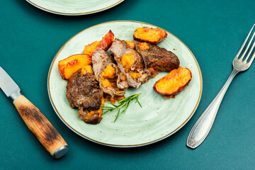 Sticker - Juicy meat steak with peach.