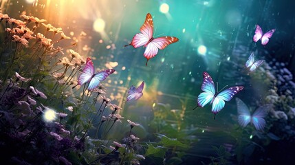 Wall Mural - flower blossom field with butterfly flying around in fantasy dreamy atmosphere, Generative Ai