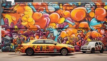 Close Up Graffiti Car With City Wall Full Of Messy Graffiti Art Illustration, Generative Ai