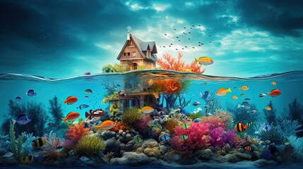 a small cabin with half above water half underwater, coral reef with fish swimming around, Generative Ai