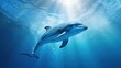 © QuietWord - illustration of dolphin swimming under clean blue ocean water idea concept for environment preservation, Generative Ai