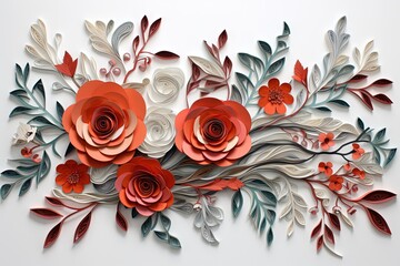 paper craft style illustration, beautiful red rose vine covered on wall background wallpaper, Generative Ai