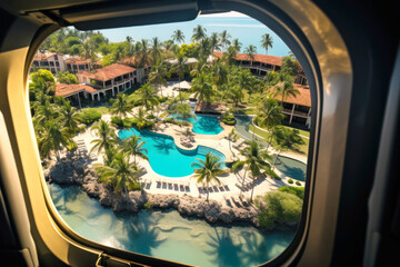 View from above at a luxurious tropical resort through a commercial flight airplane's passenger's window (porthole). Generative AI