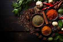 Upclose View Of Assorted Colorful Spices Including Cinnamon, Turmeric, Paprika, And Cardamom, Essential Ingredients In Diverse Cuisines Around The World.