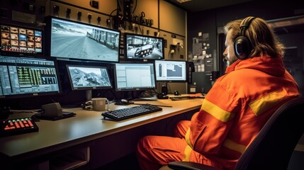 Plant Operator Vigilantly Observing Meters and Displays Inside Industrial Control Room, Ensuring Smooth Functioning of High-Tech Manufacturing Equipment.