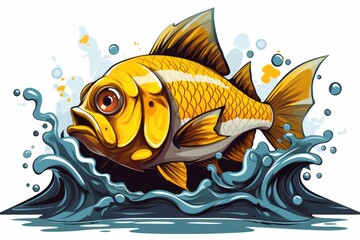 Wall Mural - A cartoon fish swimming in the water. Digital image. Contaminated water, radioactive fish.