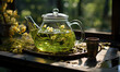 Herbal tea in a glass teapot on the table.