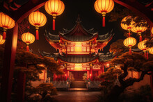 Traditional Chinese Buddhist Temple At Night Illuminated For The Mid-Autumn Festival. Traditional Chinese Lanterns Display In Temple Illuminated For Chinese New Year Festival., Generative AI	
