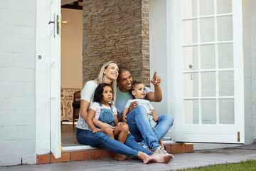 parents, children and sitting on steps, outdoor and pointing with view, thinking and relax in backya