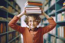 A Young Student With Glasses Holding A Stack Of Books On His Head While In The School Library Researching For A Project,back To School Concept