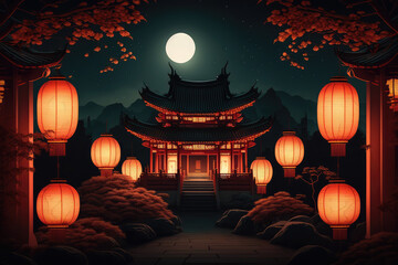 Canvas Print - Traditional Chinese Buddhist Temple at night illuminated for the Mid-Autumn festival. Traditional Chinese lanterns display in Temple illuminated for Chinese new year festival., generative AI	
