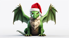 Scary Green Dragon In A Red Santa Claus Christmas Hat On A White Background