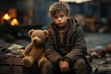 Homeless Child With A Toy, Portraying Innocence Amidst Adversity - Stark Contrasts  - AI Generated