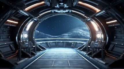 Wall Mural - futuristic space station interior with sleek technology and endless stars visible through the window