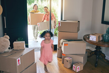 Poster - Happy, family run and box moving with child and gay parents in new home with cardboard package. Smile, kid and lgbt people together with real estate and property love in a house helping father