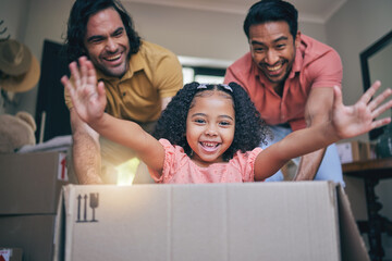 Sticker - Family home, girl and box with dad, push and gay parents with games, portrait and excited on floor with moving. LGBTQ men, female child and cardboard package for car, airplane and speed in new house