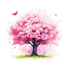  Pink Tree And Butterfly Watercolor Paint