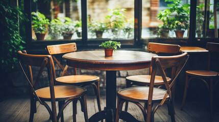 Vintage style empty wooden round table and chairs