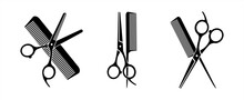 Scissors And Hairbrush Graphic Icon Set. Sign Crossed Scissors And Hairbrush Isolated On White Background. Barbershop Symbols. Vector Illustration 10 Eps.