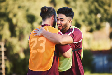 Poster - Rugby, sports and team with friends hugging for support, motivation or celebration during training. Fitness, teamwork and success with friendly athlete men embracing outdoor at practice for a game