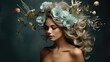 canvas print picture - Beauty-Glamour Portrait einer Frau mit Blumen im Haar,
Beauty glamour portrait of woman with flowers in hair,