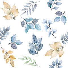  Navy Blue Leaves And Gold Seamless Pattern Watercolor 