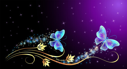 Wall Mural - Fairytale night sky with magical blue butterflies and floral golden ornament and stars. Fantasy sparkle background.