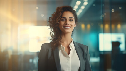 Wall Mural - Positive charismatic pretty secretary or businesswoman in office, female manager or boss in suit indoors