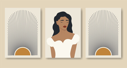 Aesthetic illustration set with minimalist sun poster