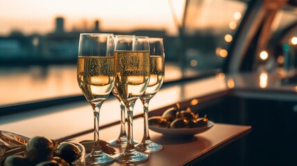 Luxury evening party on a cruising yacht with a champagne setting. Champagne glasses and bottles with champagne with bokeh yacht in the background, nobody. 