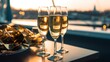 Luxury evening party on a cruising yacht with a champagne setting. Champagne glasses and bottles with champagne with bokeh yacht in the background, nobody. 