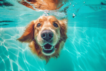 dog snorkeling fun underwater vacation funny swimming puppy water pool. Generative AI.