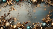 Blue Vintage Background. Christmas Background With Balls