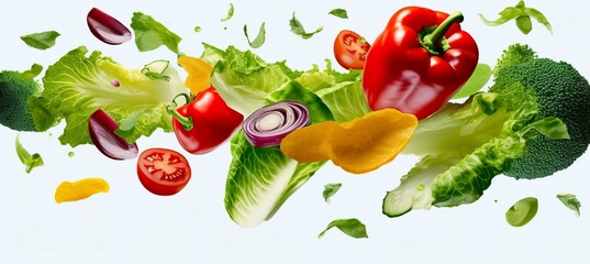  Falling vegetables, salad of bell pepper, tomato, and lettuce leaves. 