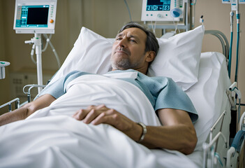 A sick man laying in a hospital bed