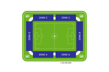 top view, map seat zone of football field on isolated background, vector illustration.