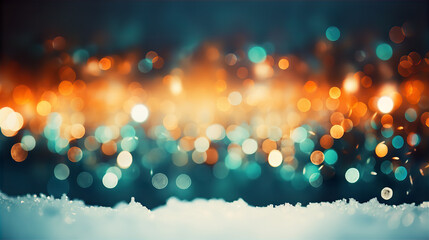 Wall Mural - Teal Orange Vintage Christmas Bokeh Blur Lights Background Snow Ground Festive Illustration