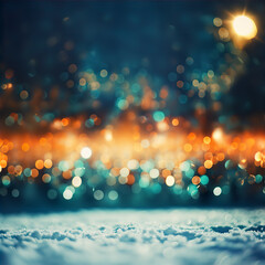 Wall Mural - Teal Orange Vintage Christmas Bokeh Blur Lights Background Snow Ground Festive Illustration