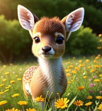 A Cute Little Baby Deer, Beautiful Flowers In A Meadow 2
